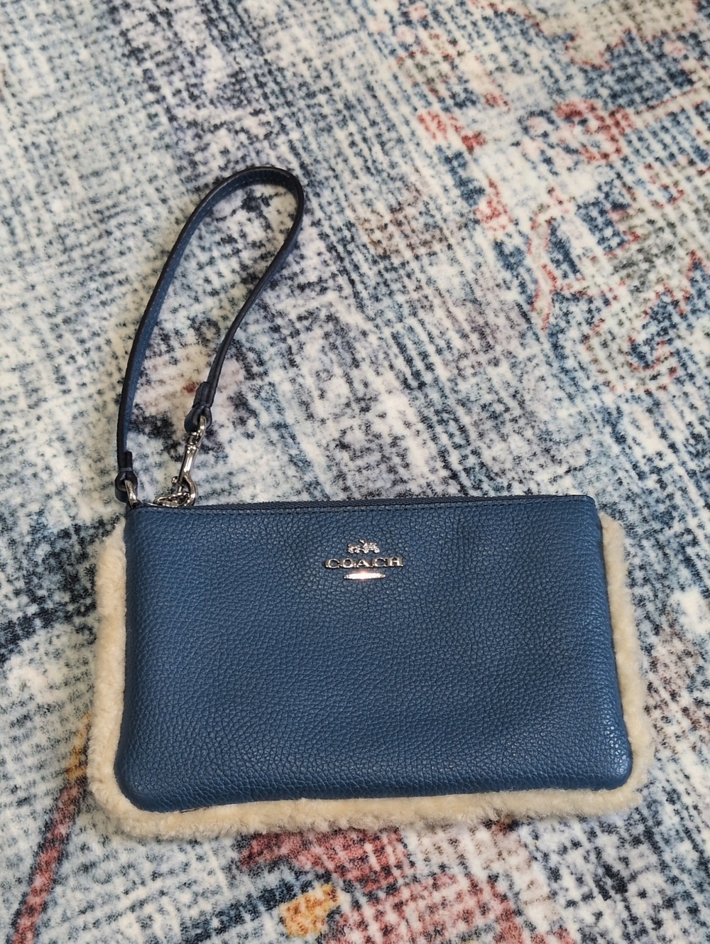 Coach Blue Pebbled Leather Wristlet with Shearling Trim